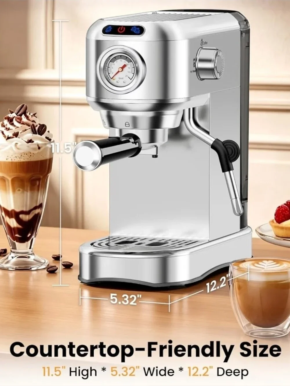 Stainless Steel Espresso Machine with Steam Wand - Silver